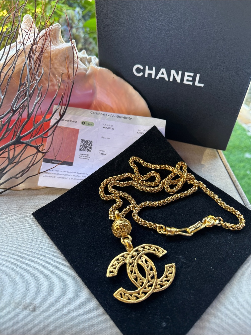 CHANEL Vintage Gold Plated Filigree Ball With Double CC Pendant Necklace
